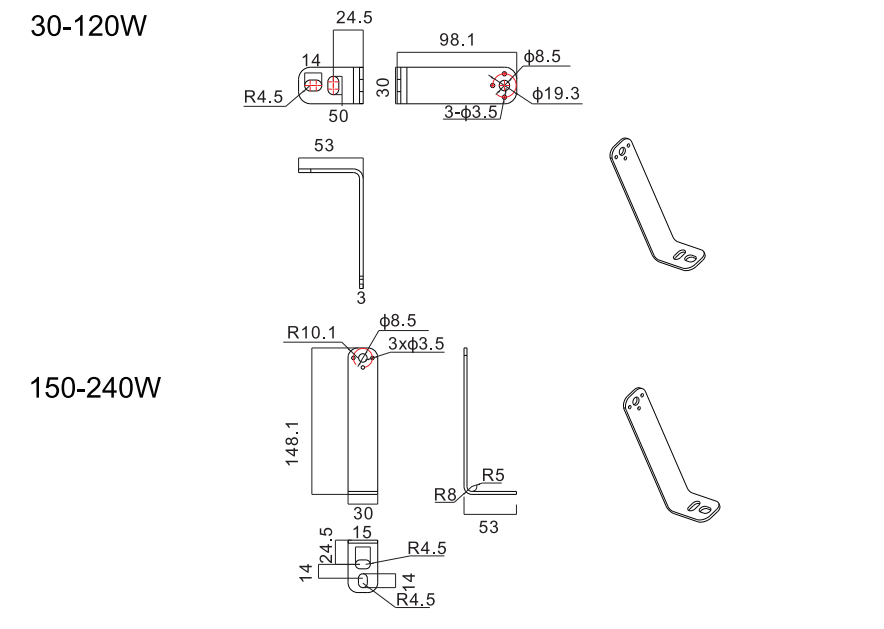 Dimensión del soporte tipo L